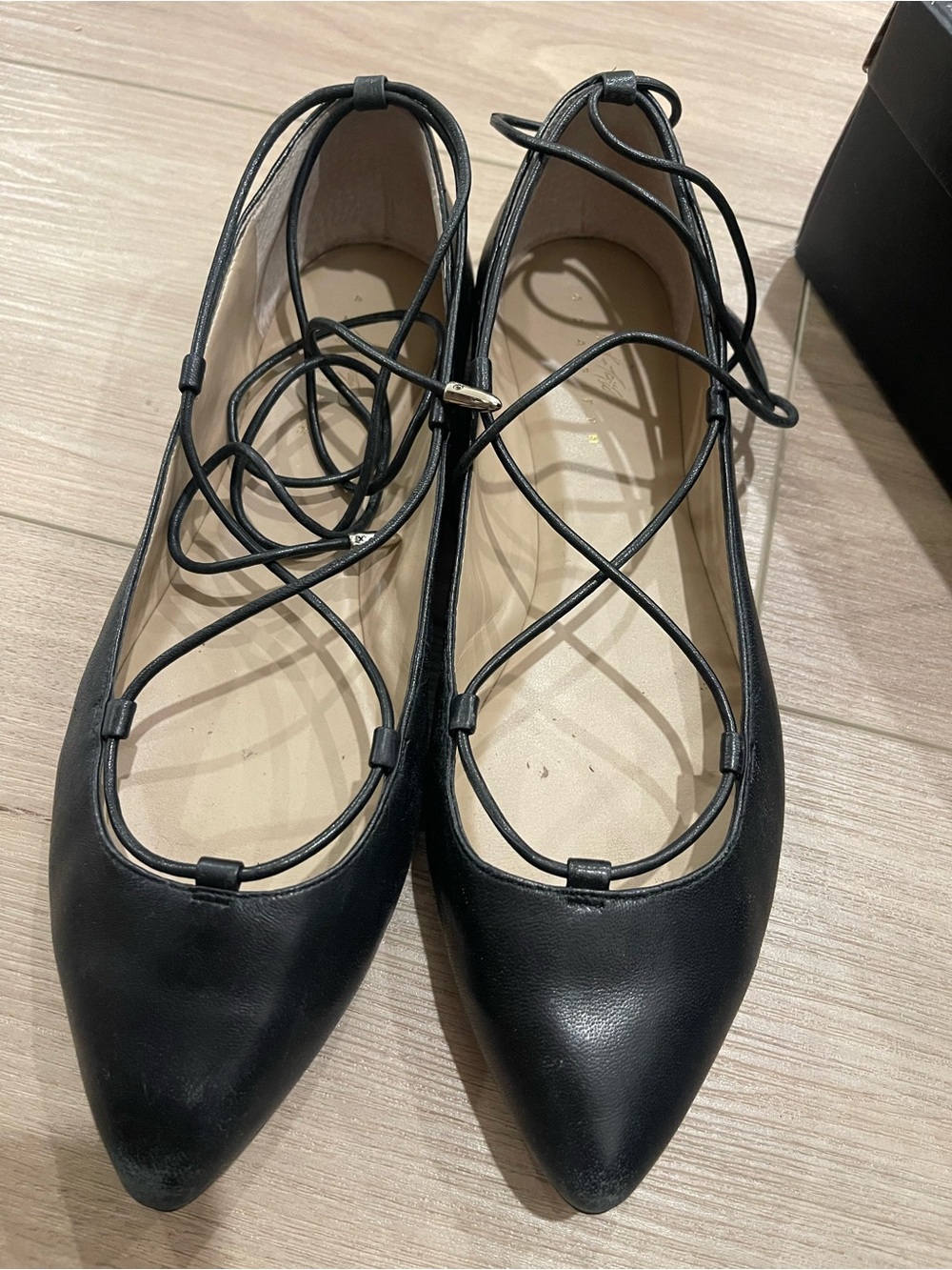 Charisma Black Pointed-Toe Lace-Up Ballet Flats